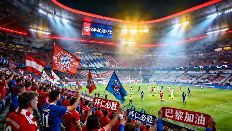 欧冠半决赛拜仁慕尼黑对阵巴黎圣日耳曼的焦点战役，安联球场气氛热烈